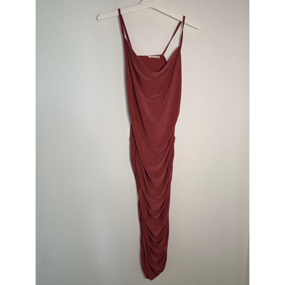 Forever Rose Rust Red Cowl Neck Ruched Bodycon Midi Dress Spaghetti Strap